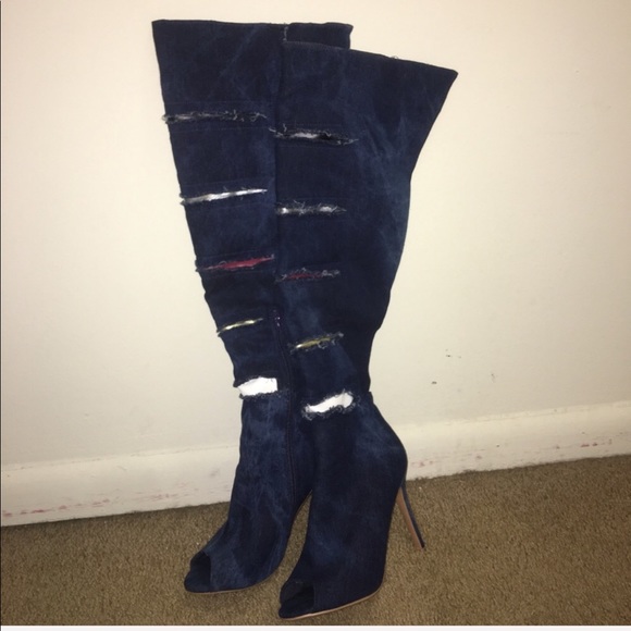 Shoes - Denim Open-Toe Heeled Boots